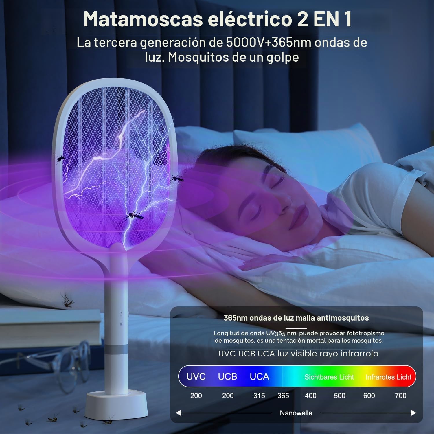 5000V Raqueta Matamoscas Eléctrica, 2 en 1 1800mAh Mata Mosquitos Electrico USB Recargable, Raqueta eléctrica con Luz Ultravioleta para Matar Mosquitos
