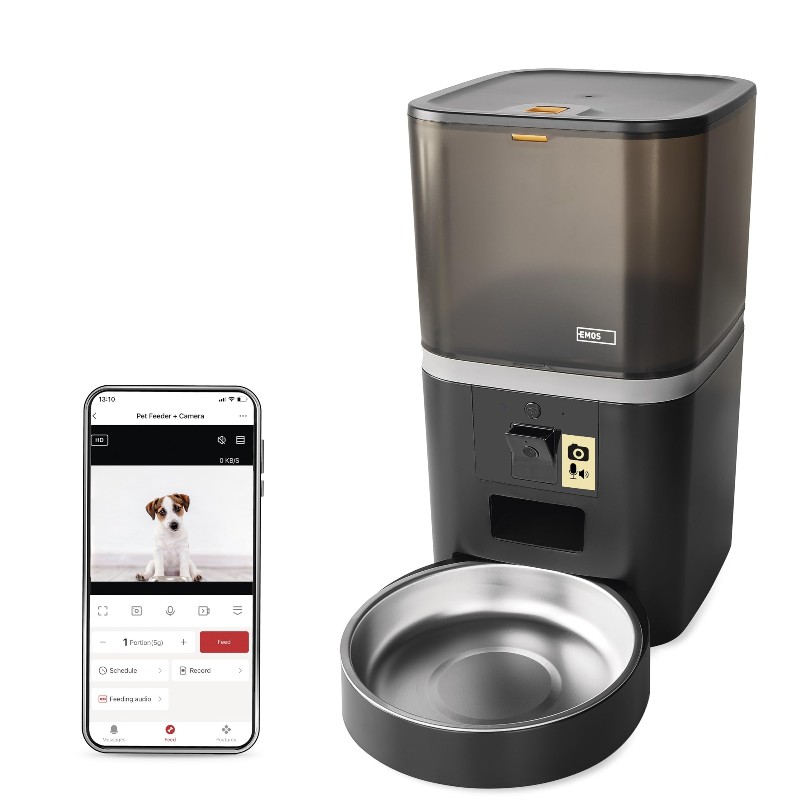 EMOS - GoSmart Mangiatoia automatica da 6 l con fotocamera - Distributore di cibo WLAN Pet Care con app - Cibo secco per gatto e cane con programmazione, registrazione vocale, dosaggio da 1 a 12 pasti