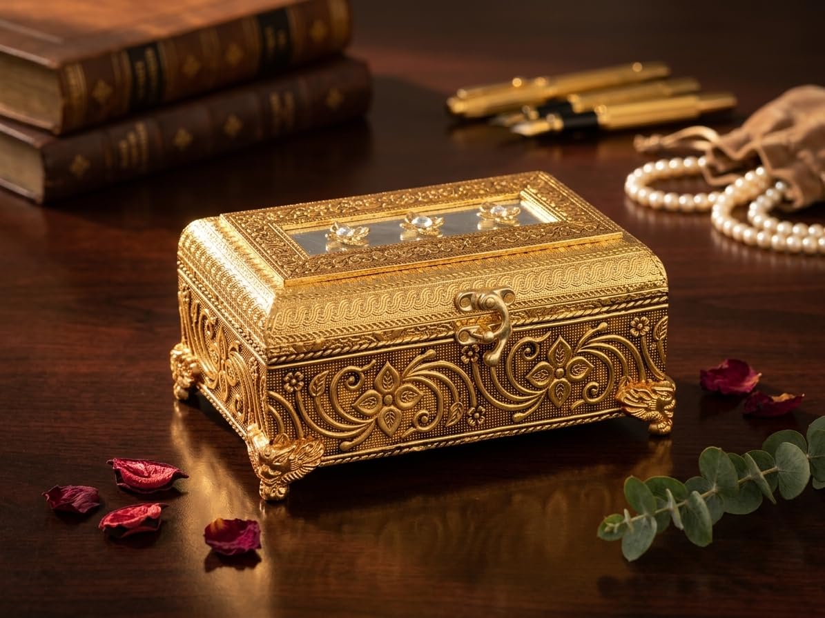 Golden Brass-Plated Decorative Dry Fruit Box and Jewellery Organiser, Antique Carved, 2 Compartments, Gift for Diwali and Weddings-image-20