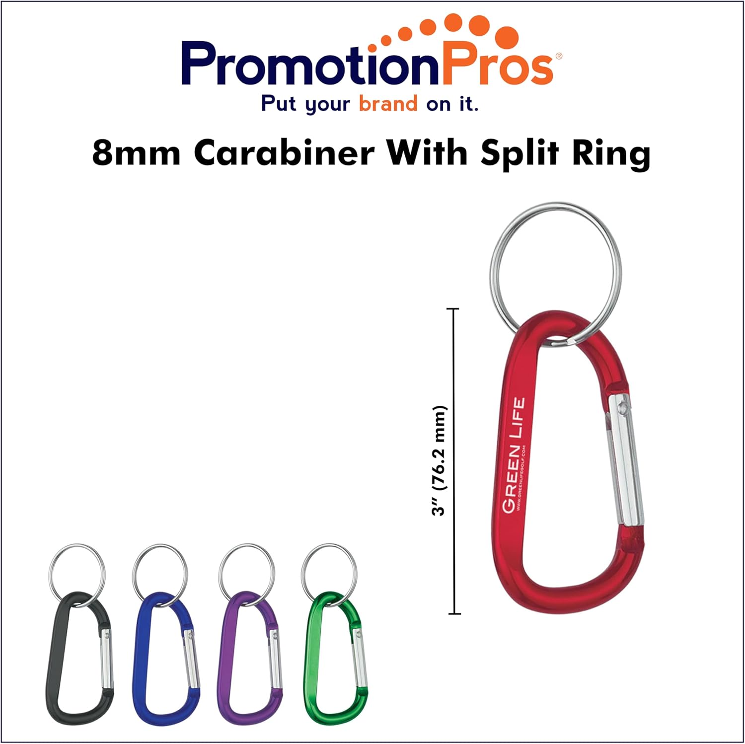 8mm Carabiner with Split Ring Add Customized Text Name or Personalized Image $1.12 Each - Sold in Pack of 300