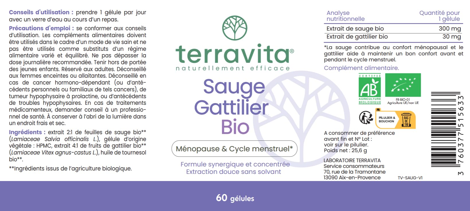 Sauge Gattilier Bio | Complément Ménopause Naturel sans Hormones | Bouffées de Chaleur, Fatigue, Stress et Variations d’Humeur | 2 Mois de Cure | 60 Gélules | Fabriqué en France | Terravita