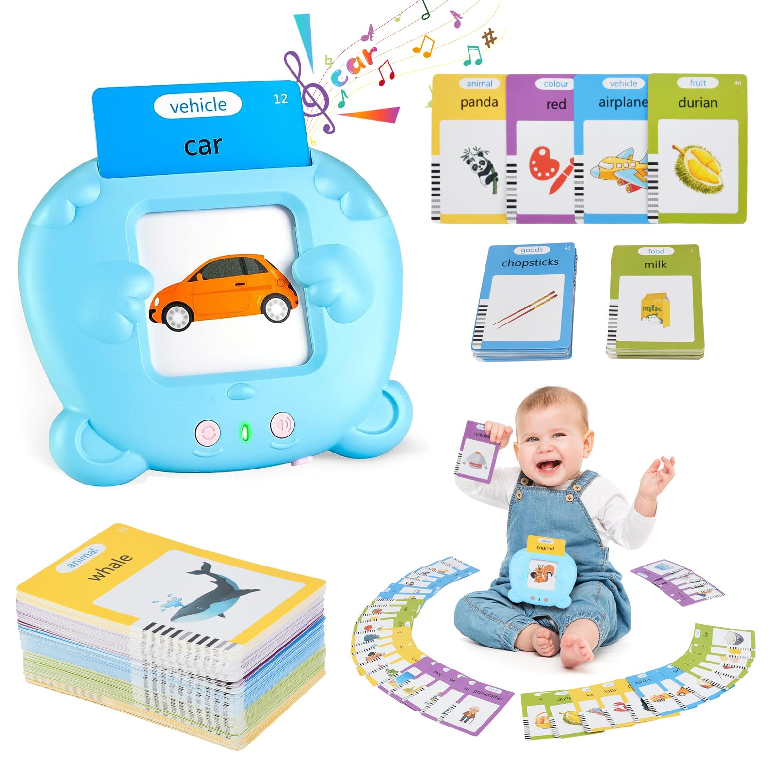 Talking Flash Cards, Educational Toys for 2 3 4 5 6 7 8 Year Old Baby Boys Girls, Preschool Learning Toy Reading Machine with 224 Words, Toddler Toy Gifts for Kids Birthday Christmas - Blue