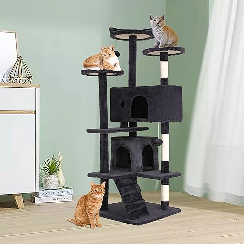 Vista 112 de BestPet Torre de árbol para gatos de 54 pulgadas Beige Resistente y fácil de montar, centro de actividades de varios niveles con postes