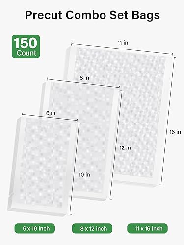 Miniatura 2 de Kootek Bolsas de sellado al vacío para alimentos, 150 galones, 11 x 16 pulgadas, cuarto de galón de 8 x 12 pulgadas y pinta de 6 x 10 pulgadas,