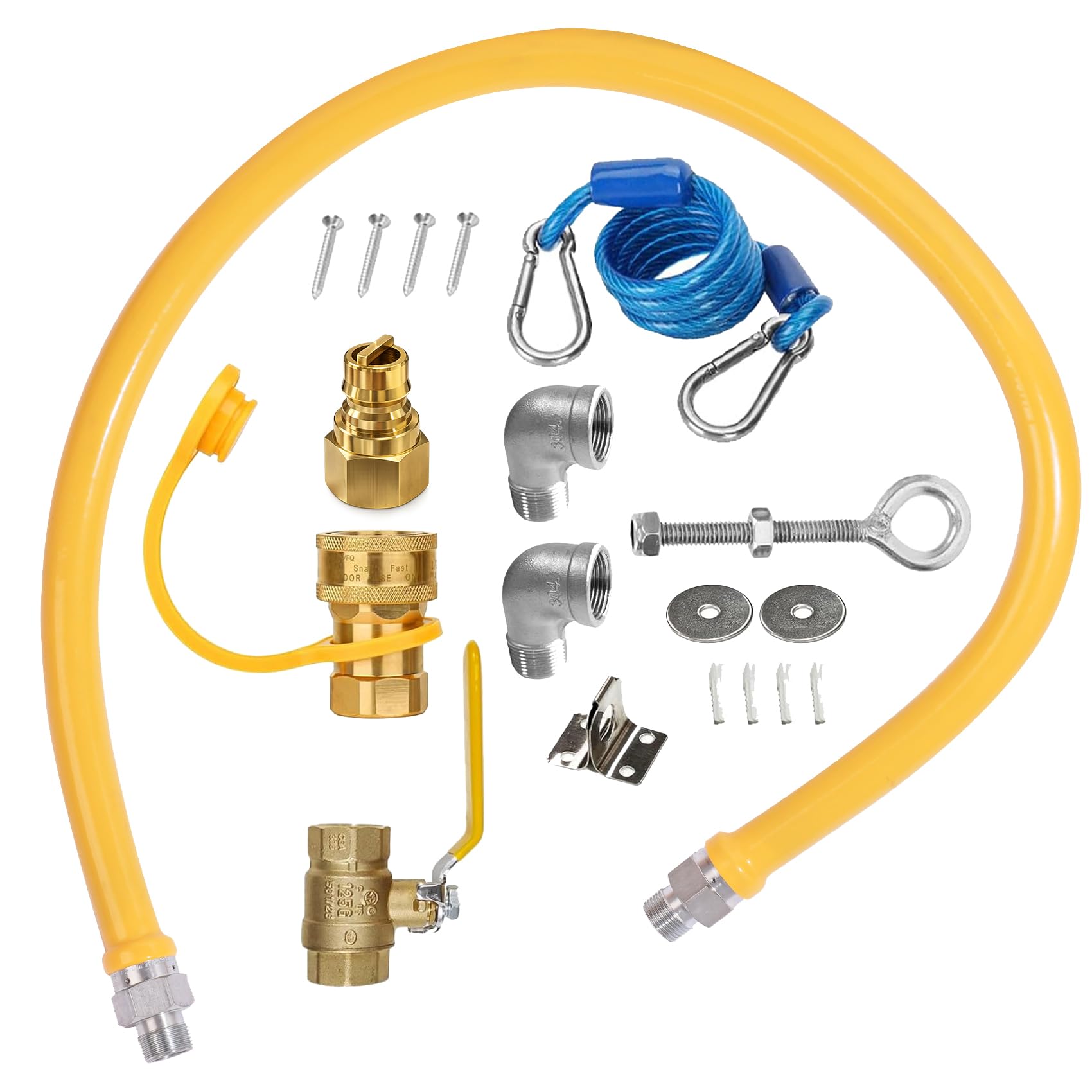 1675kit48 Kit de sistema de seguridad, manguera de línea de gas natural de 3/4 pulgadas de diámetro interior, manguera de línea de gas de cocina comercial de 48 pulgadas, kit de manguera de conector