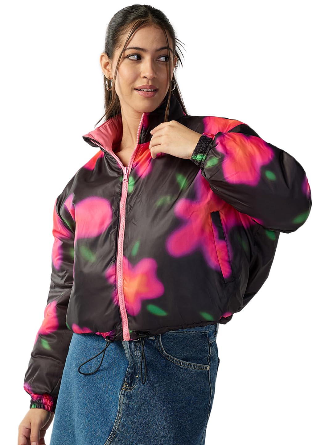 bewakoof Women's Aop Oversized Fit Full Sleeve High Neck Nylon Jacket-picture-19
