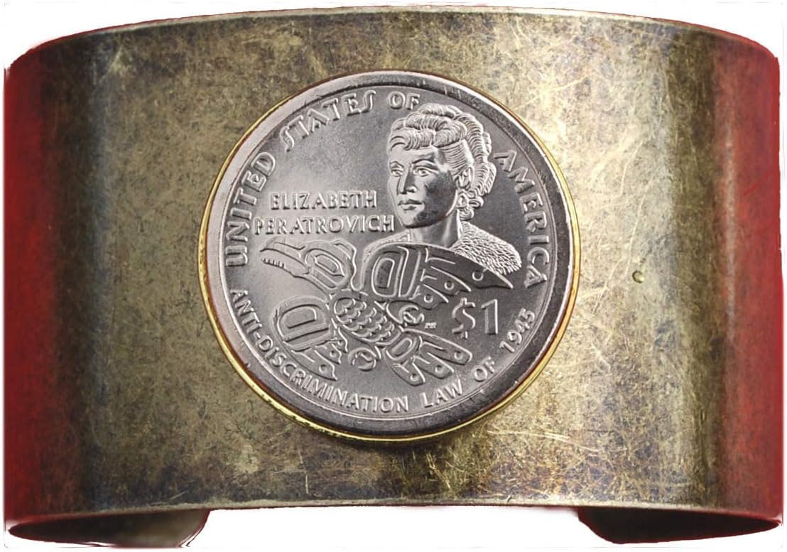 US 2020 Native American Sacagawea Dollar BU Uncirculated Coin Solid Brass Antique Finish Cuff Bracelet - Elizabeth Peratrovich Anti-Discrimination Law Of 1945