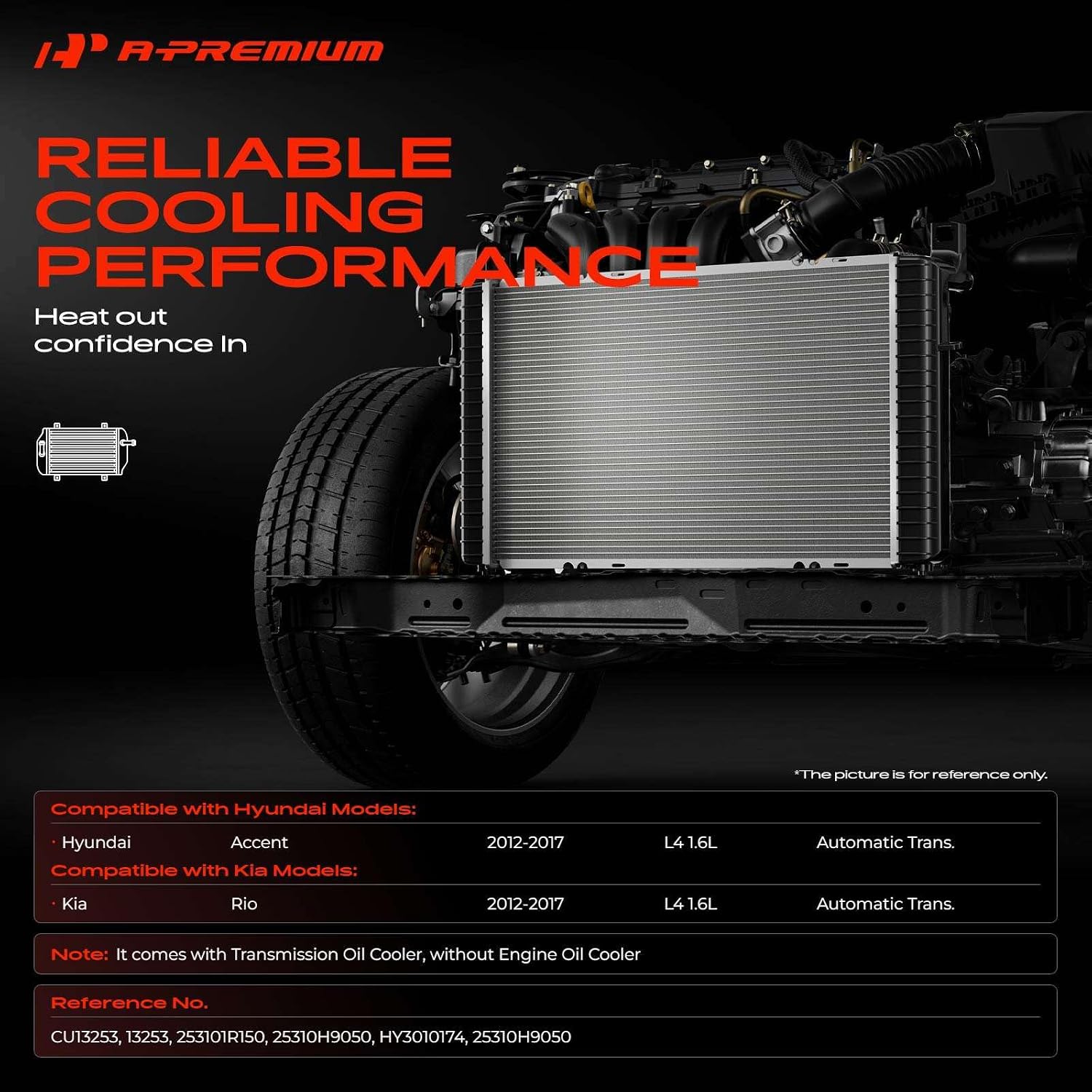 A-Premium Engine Coolant Radiator Assembly with Transmission Oil Cooler Compatible with Hyundai Accent & Kia Rio, 2012-2017, L4 1.6L, Automatic Transmission