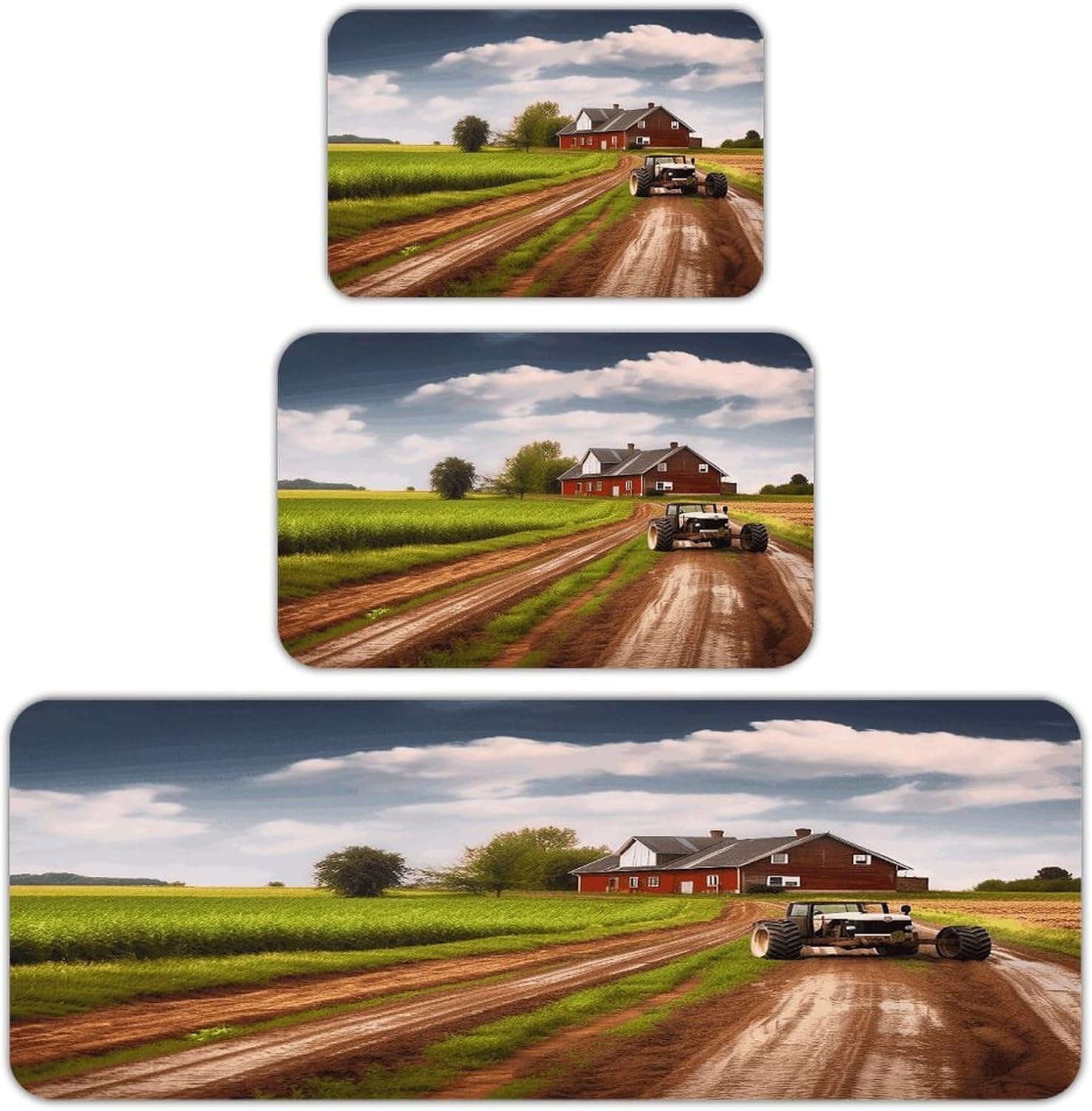 Country Road with Farm and Tractor Kitchen Rugs Sets of 3 Washable Non Slip Kitchen Rug Water Resistant Carpet Piece Anti Fatigue Kitchen Mats Soft Comfort Standing Mat Modern Area Rug