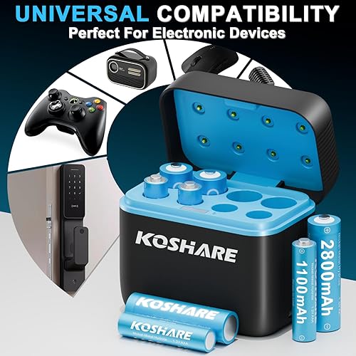 Miniatura 5 de Batería recargable Ni-MH con cargador, paquete de 8 baterías Ni-MH de 1.2 V 2800 mAh AA y 1100 mAh AAA de alta capacidad, recargables hasta 800