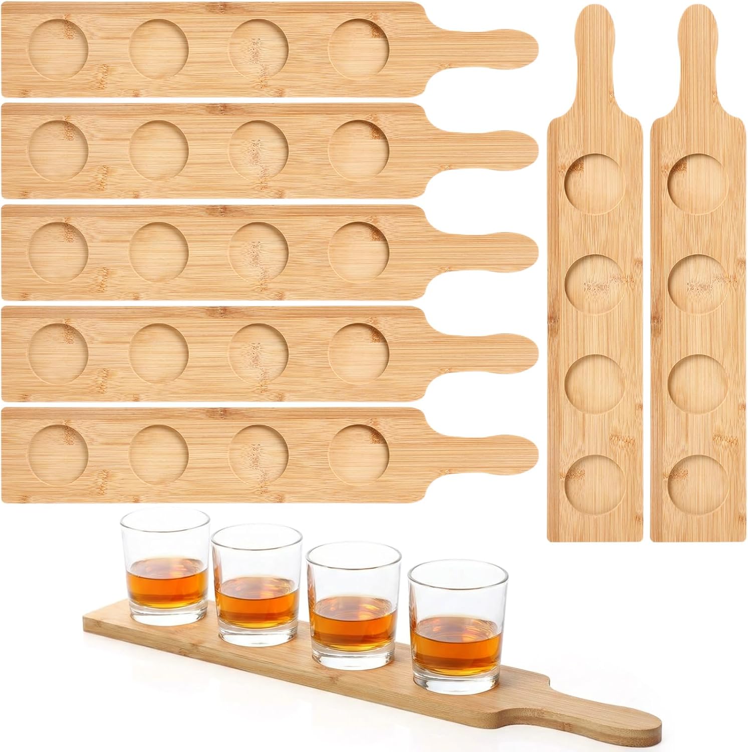 LemonRoad 6 Pcs Flight Board Tasting Set 4 Slots Bamboo Shot Board Serving Tray 2.17 Inch Base Beer Flight Serving Paddle for Whiskey Cocktails Wine Home Bar Party Supplies, 18.0" L x 3.9" W