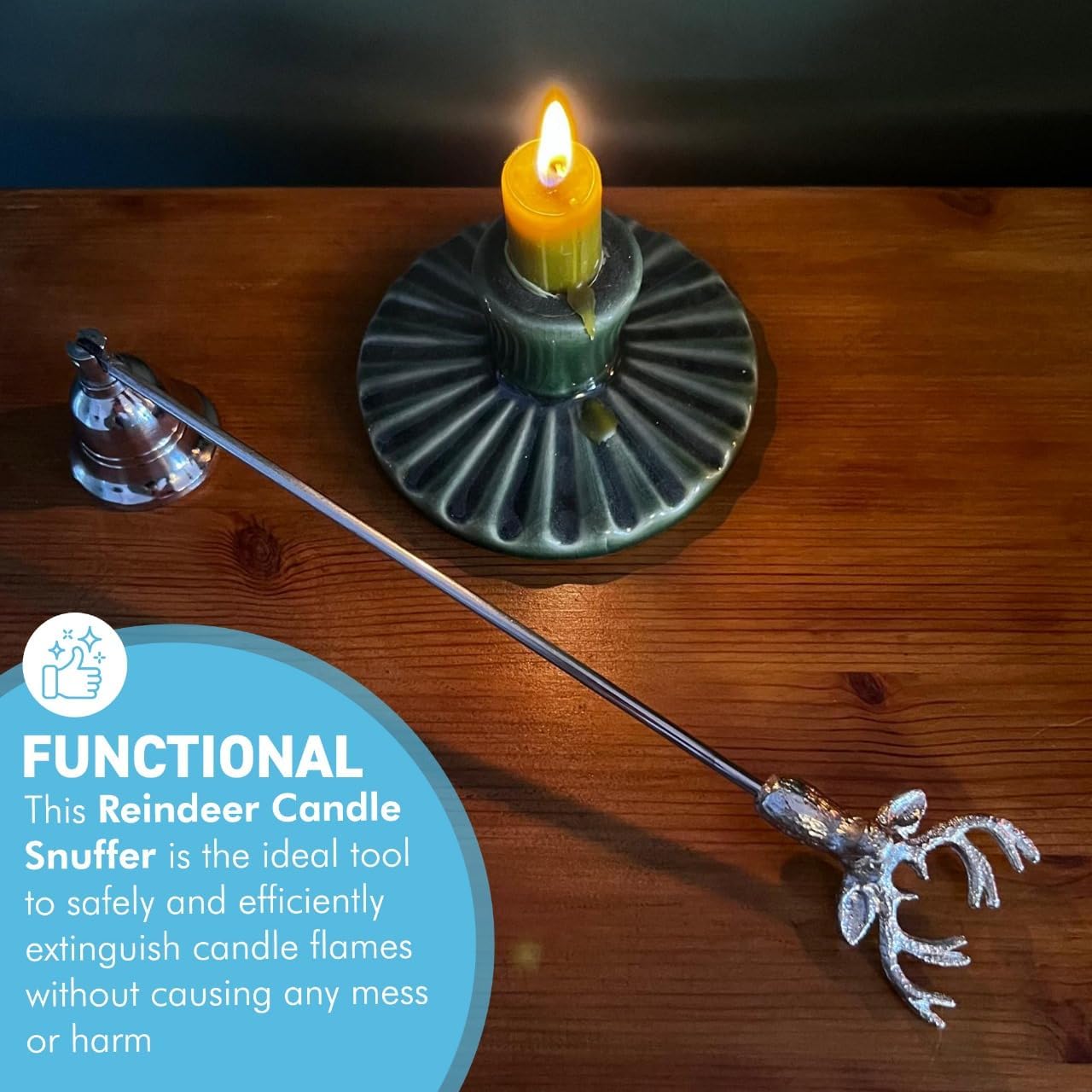 Thorness Candle extinguisher with long handle to safely snuff out wicks, with reindeer antler detail at end