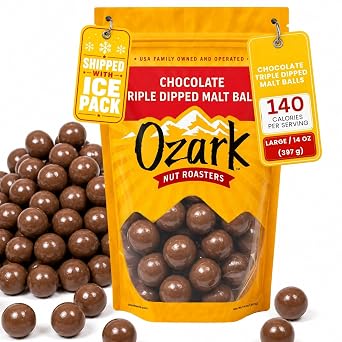 OZARK NUT ROASTERS Chocolate Malt Balls, Gourmet Malted Candy Snack, Rich Chocolate Flavor, Resealable 14 oz Bag, Pack of 1