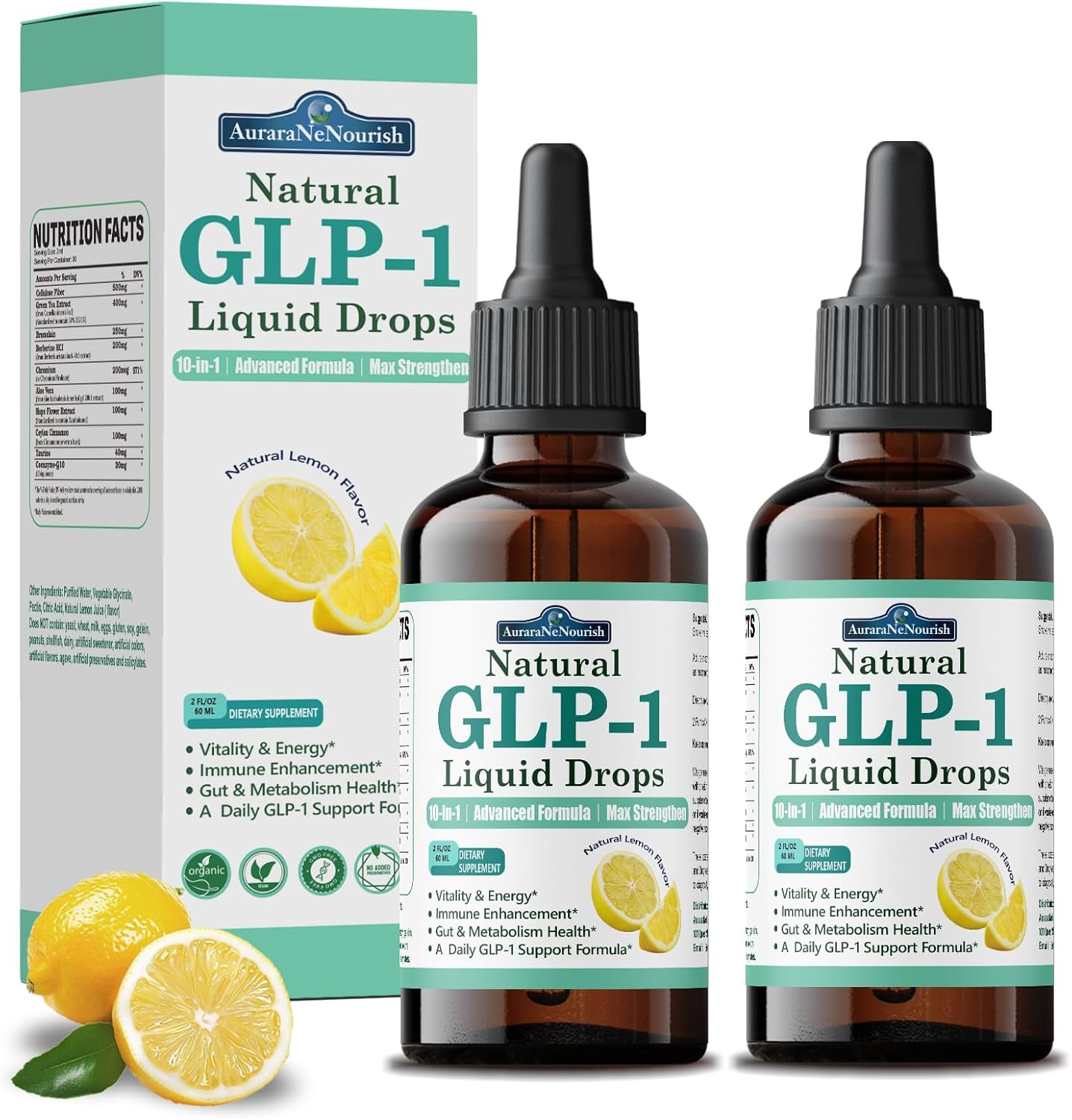 2 Pack GLP-1 Supplement Liquid Drops, 10-in-1 Formula with Berberine, Ceylon Cinnamon, Prebiotic Fiber & Green Tea Extract | Supports Healthy Metabolism, Digestive & Gut Health丨Vegan, Non-GMO
