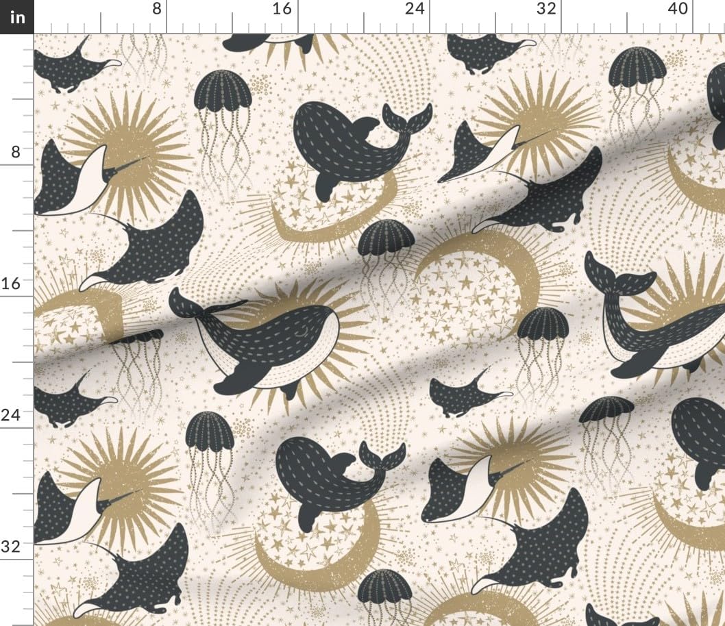 Spoonflower Fabric - Whimsical Whales Gold Koi Jellyfish Galaxy Magical Cosmic Oceanic Printed on Petal Cotton Fabric Fat Quarter - Sewing Quilting Apparel Crafts Decor