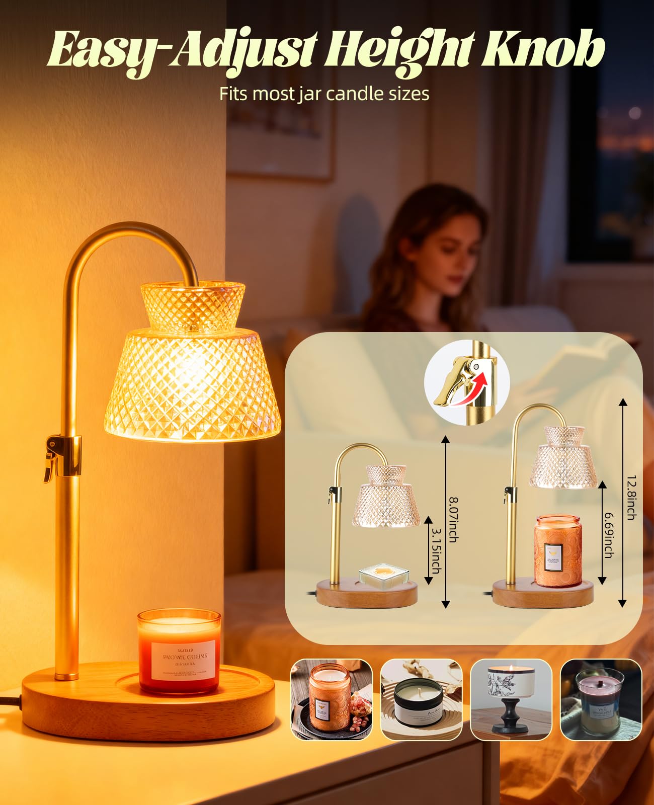 Lampada riscaldante per candele con timer, dimmerabile, altezza regolabile con lampadina, per candele profumate, decorazione per la casa, regalo di compleanno per donne e mamme