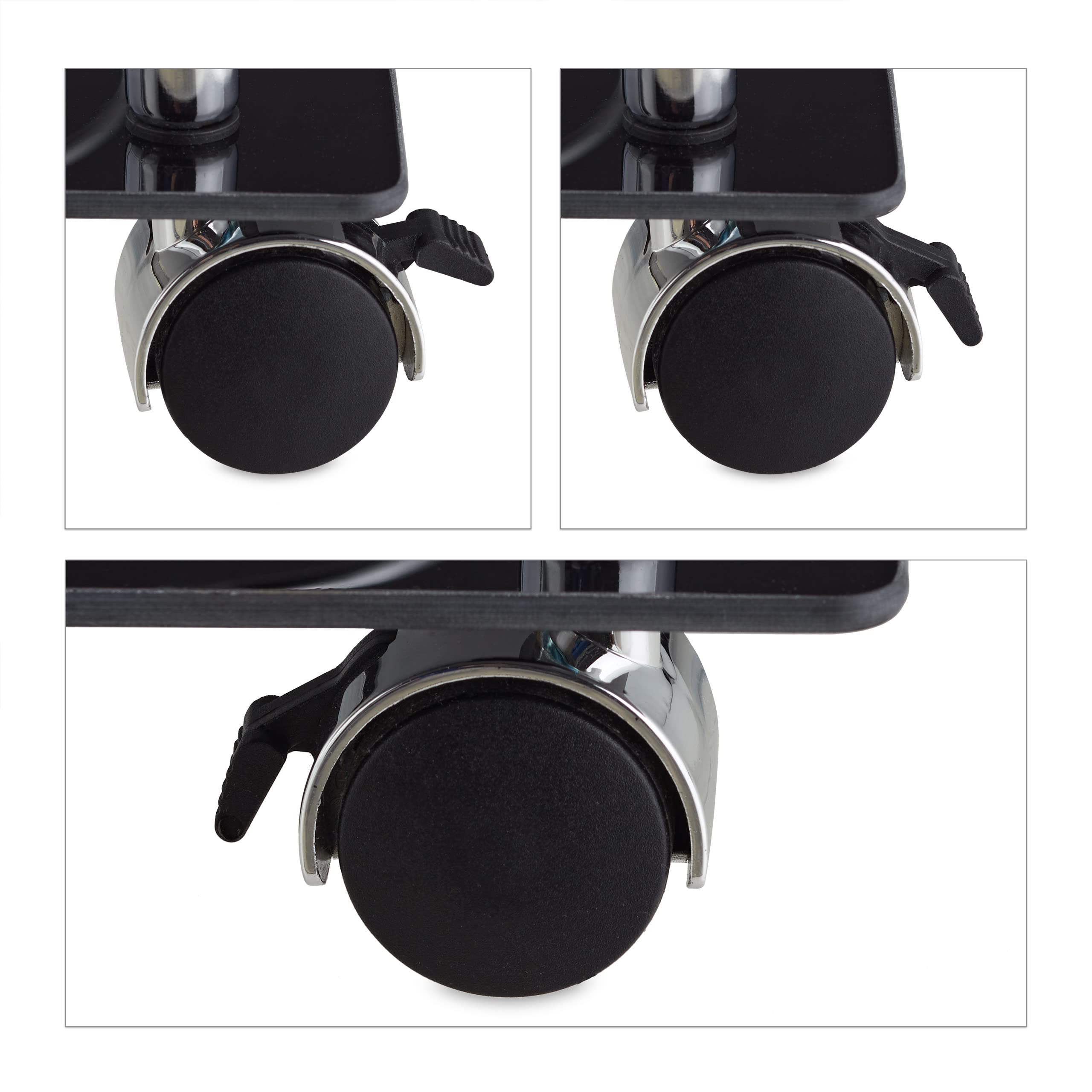 Relaxdays Carrito Cocina, Ruedas, Camarera 2 Baldas, Botellero, Soporte Copas, Vidrio, Metal, 88x76x49cm, Negro/Plateado