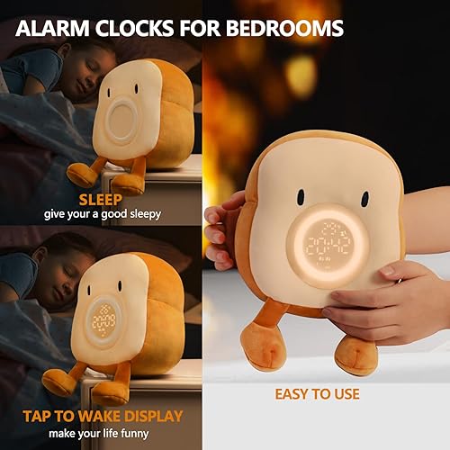 Miniatura 4 de QANYI Reloj despertador con luz nocturna de juguete de peluche para niños, reloj de cama acogedor multiuno con doble alarma y repetición, lámpara de