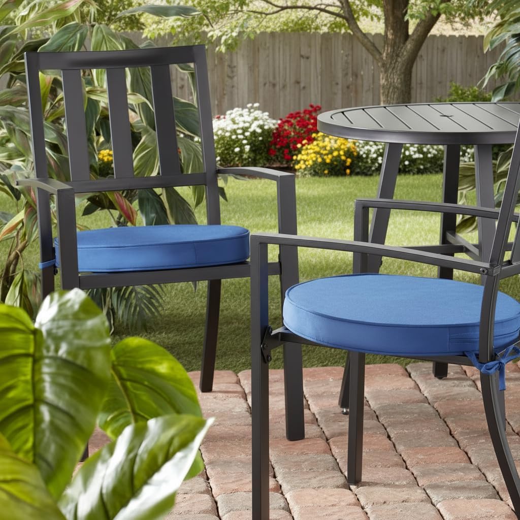 Set of 2 Outdoor 18 inch Round Patio Dining Chair Pads – Comfortable Fiber-Filled Seat Cushions with Ties, Reversible Polyester Fabric - Marine Blue