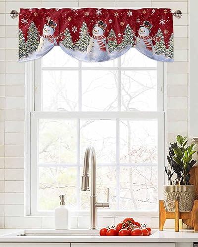 Miniatura 4 de RisQiten Cortinas con cenefa de Navidad con diseño de muñeco de nieve rojo para ventanas, cortinas de cocina de árbol de Navidad, adornos de
