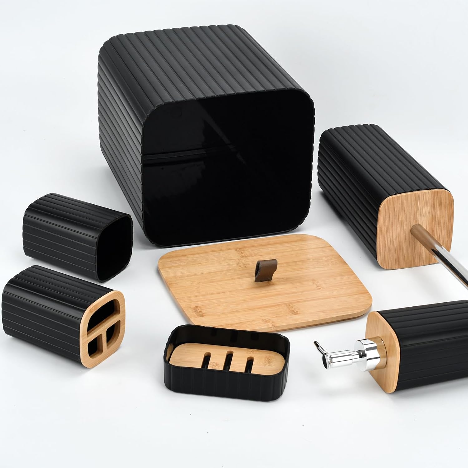 6PCS Bathroom Accessory Set, Black Bathroom Sets with Trash Can & Soap Dispenser, Tumbler, Toothbrush Holder, Soap Dish, Toilet Brush and Holder Set