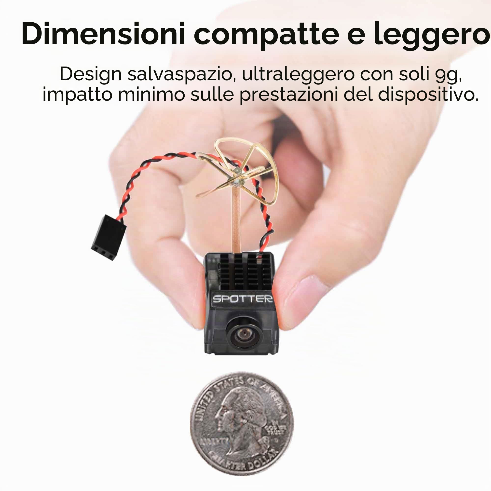 RunCam Spotter V2 FPV 5.8G Micro AIO Cam, OSD, microfono integrato, FOV170°, 700TVL, 40CH, 20MW-200MW, regolabile