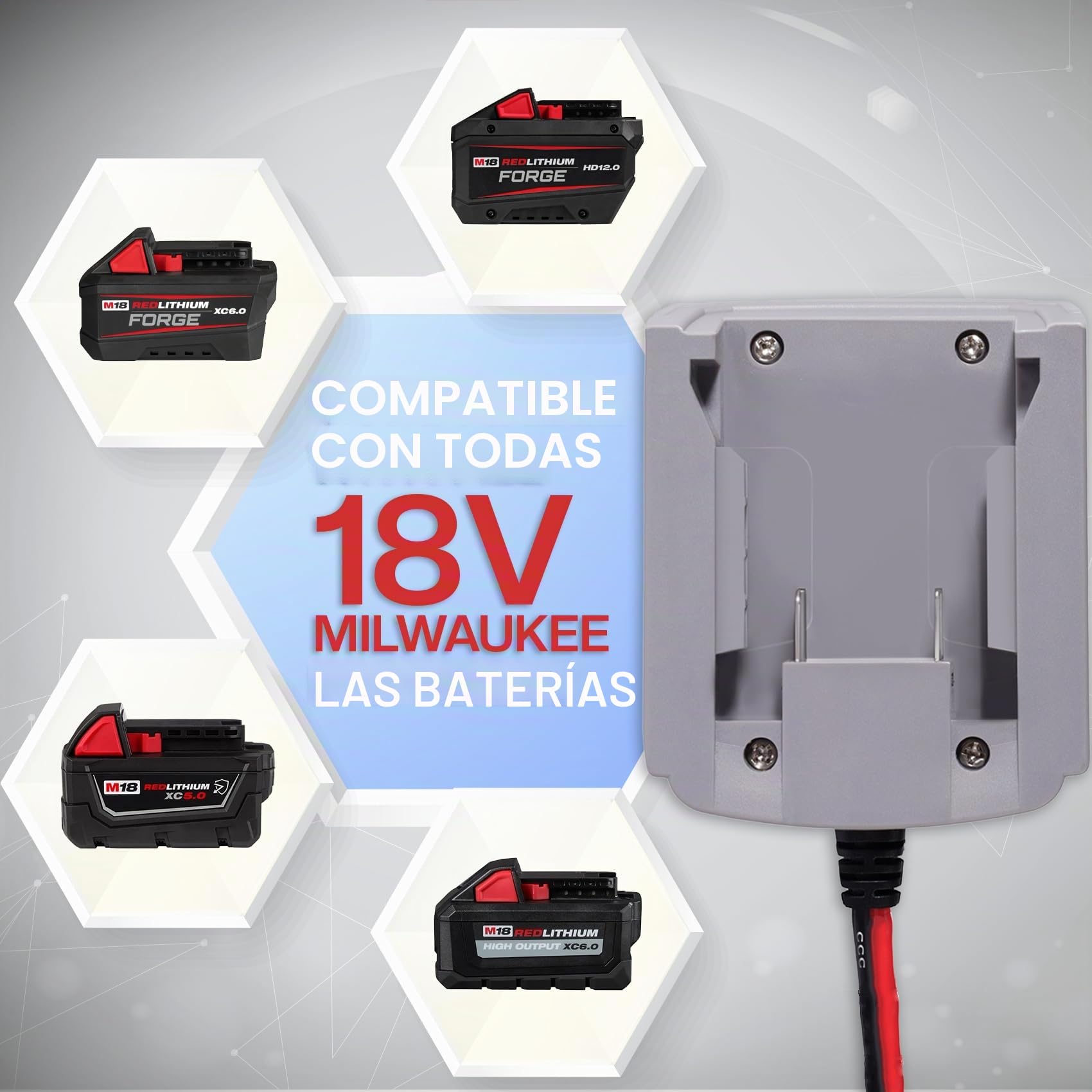 TONSIM Adaptador de Batería Milwaukee 18V – Convertidor Step Down con Puerto de Encendedor para Dispositivos 12V y Herramientas Eléctricas – Compatible con Todas Las Baterías Milwaukee 18V