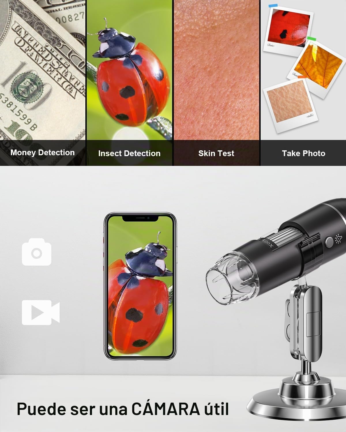 Microscopio Digital USB, cámara de endoscopio de Aumento AOPICK 50X-1600X, microscopio Digital portátil con 8 Luces LED para Android (USB-C), iPhone y iPad