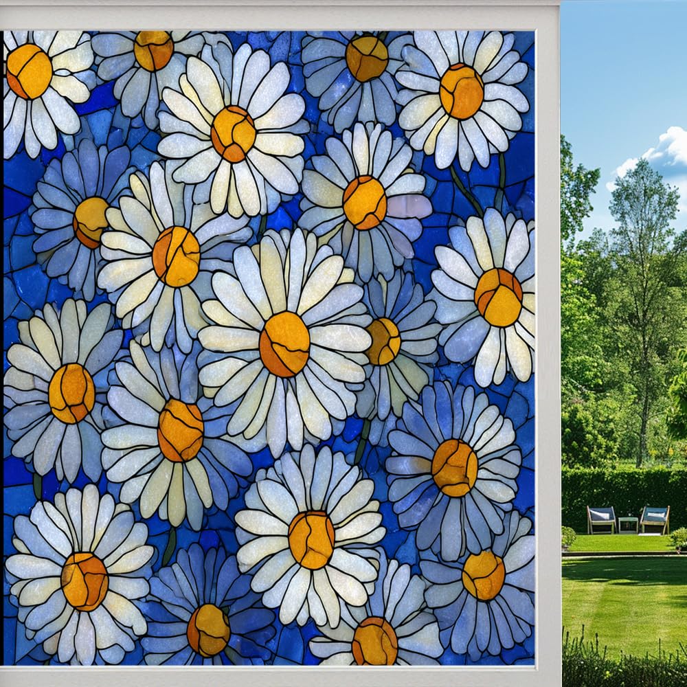 Colorful Daisies Frosted Window Film, Spring Floral Natural Botanical Stained Glass Privacy Film, Heat Insulation Self-Adhesive Vinyl for Bathroom Office, （55x100cm）
