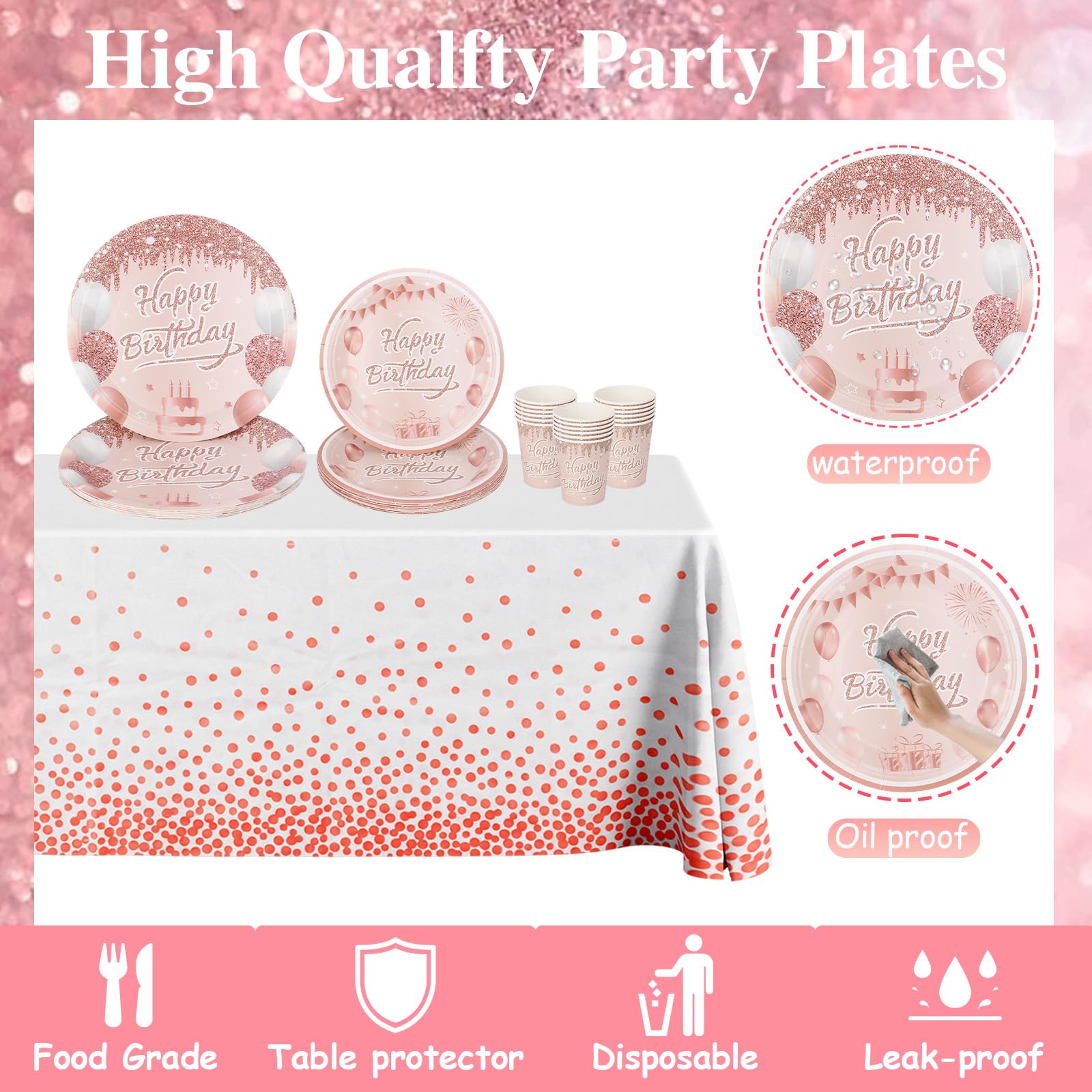 Decorazioni per feste di buon compleanno per donne, piatti di compleanno in oro rosa, tovaglioli, striscioni da appendere a vortice, articoli per feste per ospiti, oro rosa