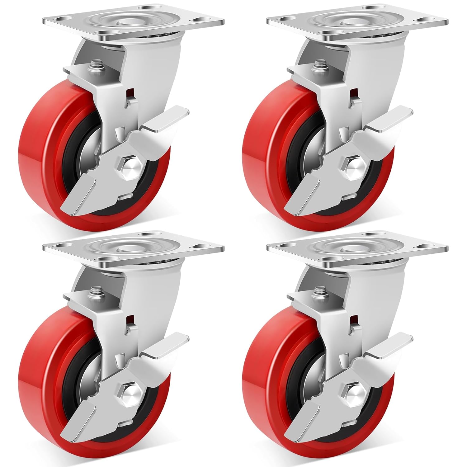 Nefish 5 Inch Industrial Grade Casters Wheels, Heavy Duty Polyurethane Casters Set of 4 with Dual Ball Bearing, Solid Polyurethane Wheel 3500 Lb, Plate Swivel Casters for, Industrial, Equipment 4 5 IN (4 Brakes)