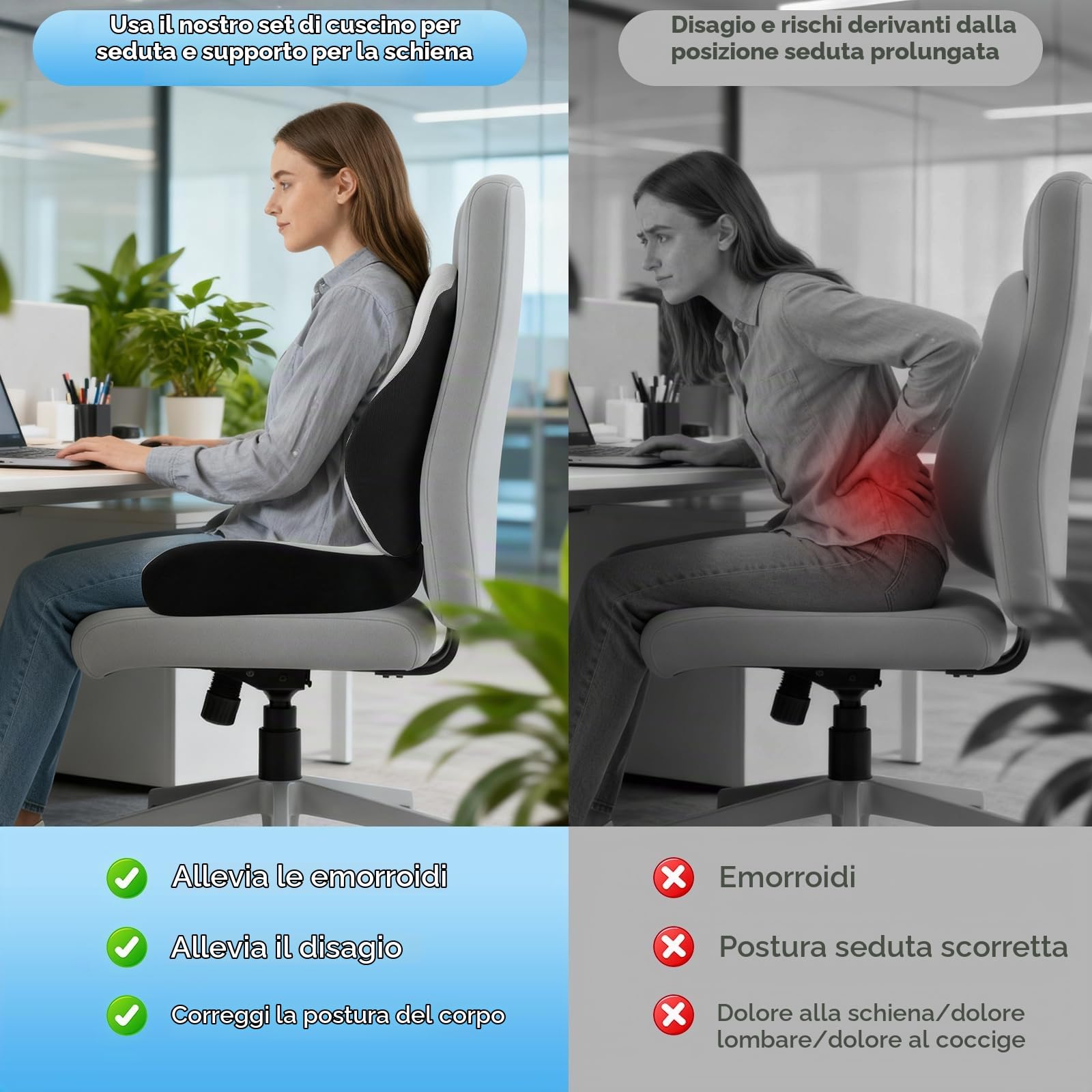 Cuscino per seduta e schienale, cuscino ortopedico per alleviare la pressione per il coccige, cuscino ergonomico per coccige, memory foam per ufficio e auto