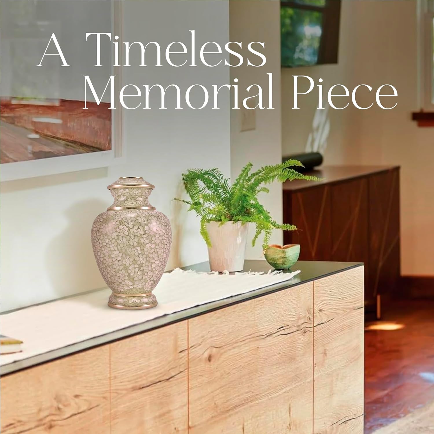 Oneworld Memorials Cloisonne Opal Bronze Cremation Urn for Human Ashes - Large Holds Up to 190 Cubic Inches of Ashes - Gold, Cremation Urn for Adults