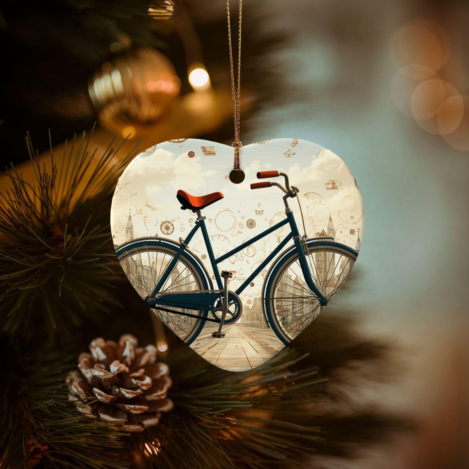 Christmas Ornaments for Christmas Tree Decoration Hanging Retro Bicycle Ornament with Gold Ribbon Crafts Heart Shape Ceramic Pendant for Keepsake Gifts Xmas Decor Party Supplies