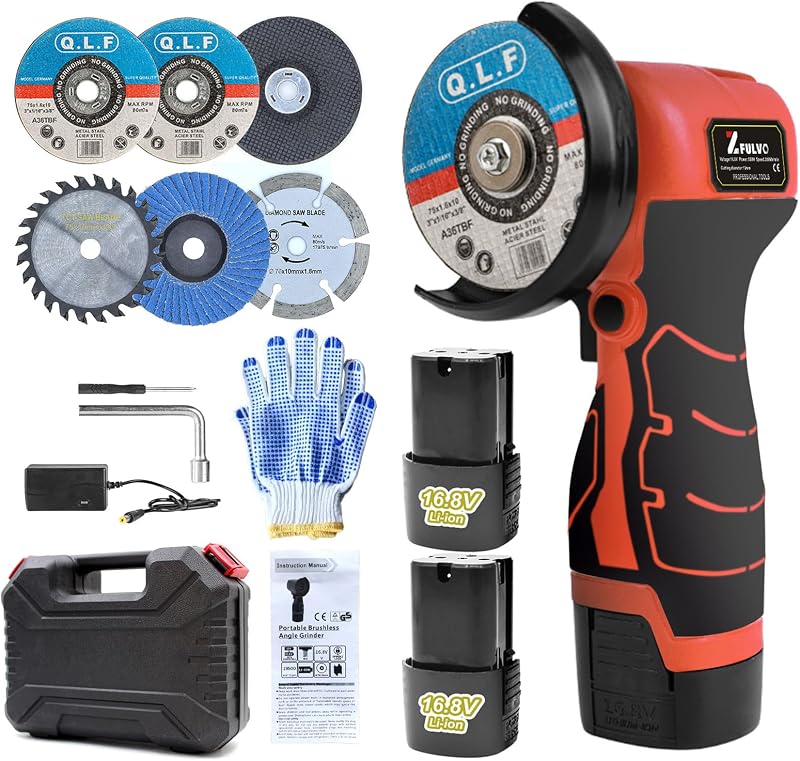 Cordless Angle Grinder Kit 19500RPM Mini Electric Metal Grinding | 2pcs 16.8V 2000mAh Battery with 6-Cutting Disc, 3inch Mini Angle Power Tool, Grinder Handheld Cutter for Metal Wood Grinding