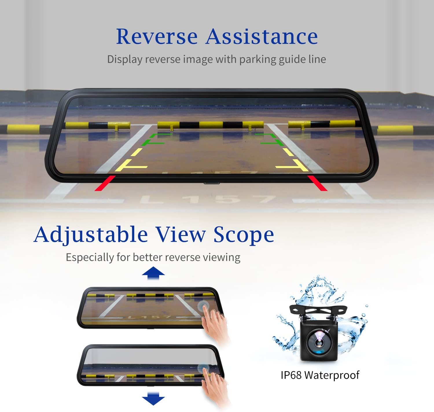 DuDuBell Mirror Dash Cam, 10" Backup Camera with Reverse Assistance, 1080P Front and Rear Cameras with Enhanced Night Vision, IPS Full Touch Screen Wide Angel HDR+
