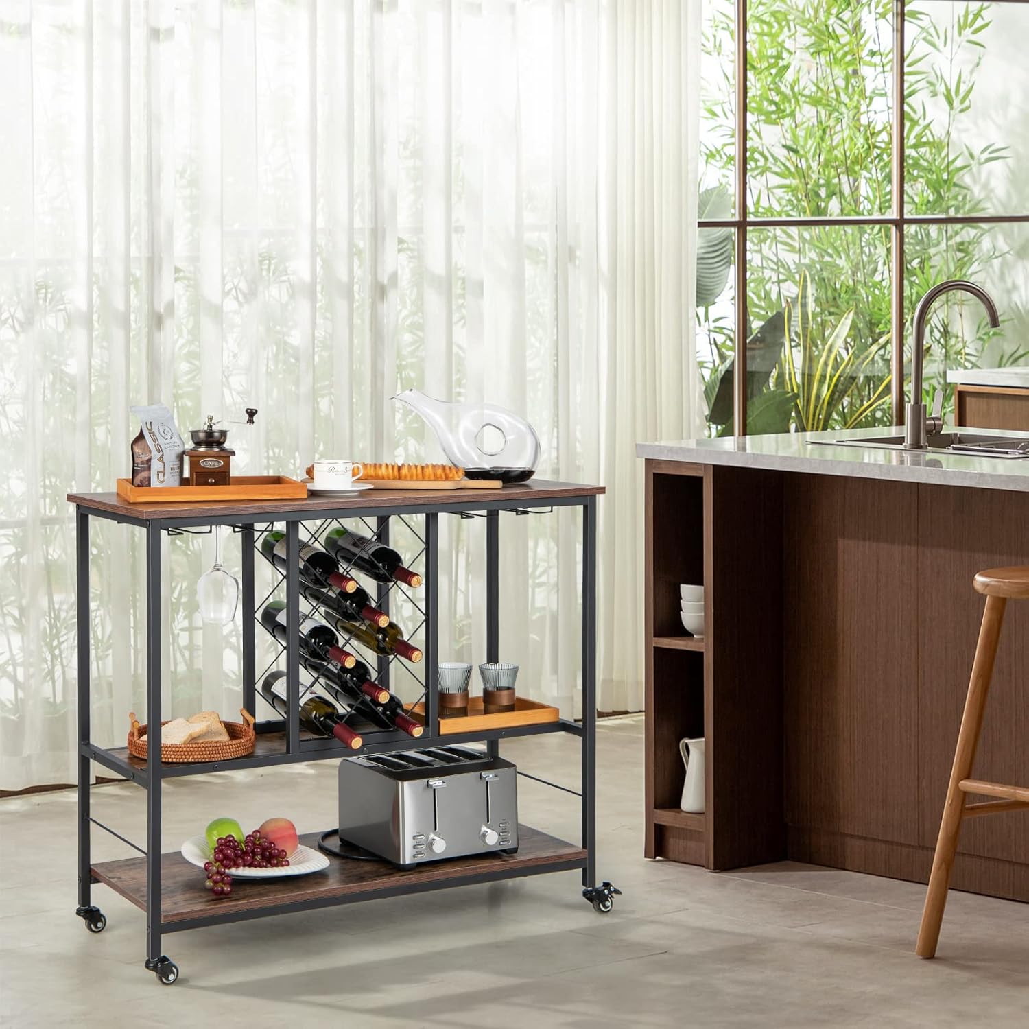 LOKO 3-Tier Rolling Serving Bar Cart, Industrial Kitchen Island Storage Cart with Wine Rack & Glass Holders, Multifunctional Wine Cart for Home, Bar, Kitchen, Dinning Room or Living Room, Rustic Brown