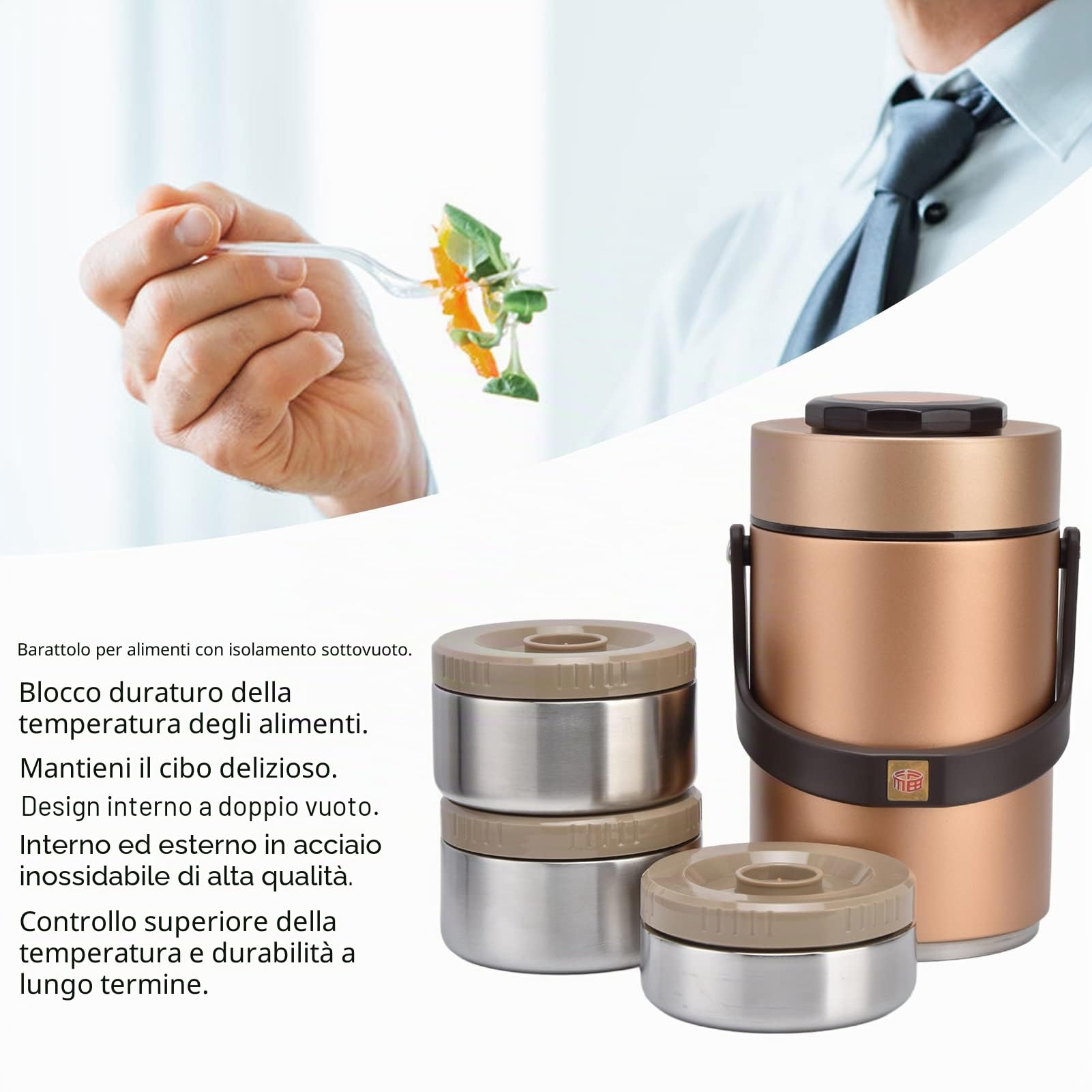 2,3L Contenitore per il pranzo in acciaio inossidabile con 3 strati, isolante a vuoto, contenitore per alimenti con chiusura ermetica per ufficio, viaggi, picnic, attività all'aperto (Oro)