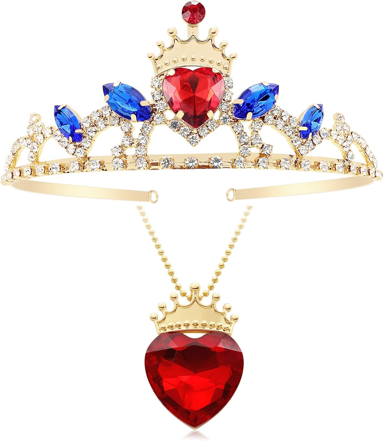 Evie Red Heart Necklace and Descendants 3 Crown Gold Tiara Jewelry Set Queen of Hearts Evie for Girls Teen Halloween