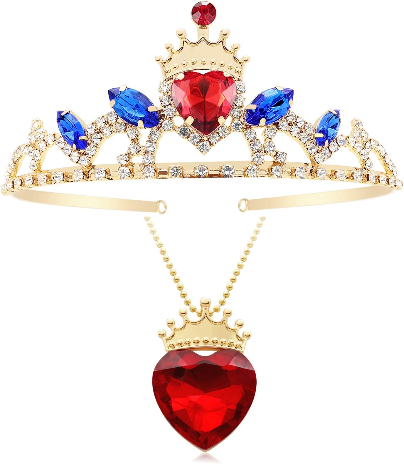Evie Red Heart Necklace and Descendants 3 Crown Gold Tiara Jewelry Set Queen of Hearts Evie for Girls Teen Halloween