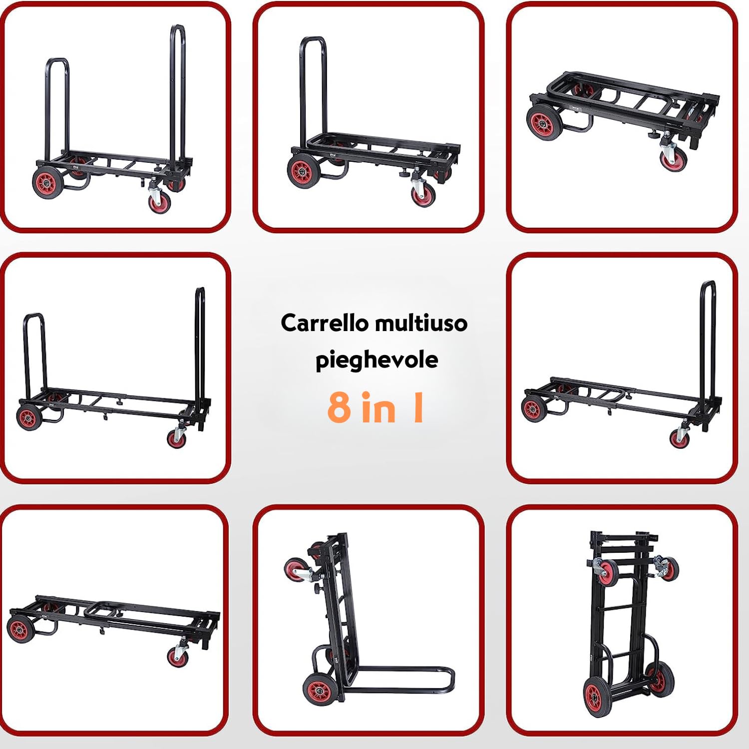 Pyle PKEQ48 Carrello con Ruote Portatutto Pieghevole, Carrello Portatutto Compatto 8-in-1 Pieghevole e Leggero, Carrello Manuale/Dolly/Carrello Piattaforma, Estensibile Fino a 69,9 cm a 112,4 cm