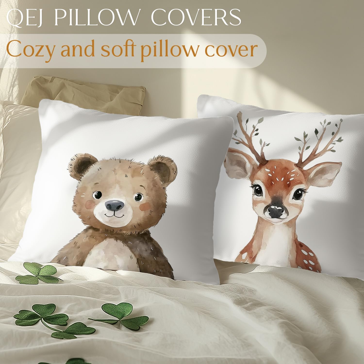 Cute Deer and Bear Pillow Cover 18x18, Baby Girl Boy Nursery Decor, Forest Animal Nursery Decorative Throw Pillow Cover for Kids Toddler Room Bedroom Playroom, Set of 2 image 4