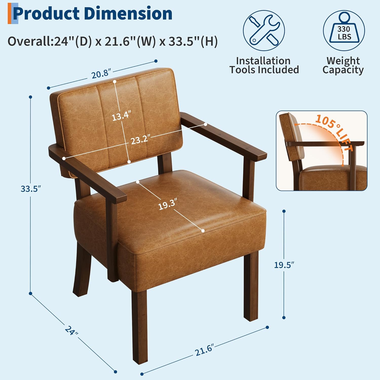 Garvee Mid-Century Accent Chair Set of 2 with Wood Frame, PU Leather Upholstered Lounge Arm Chair with Classic Vertical Stripe Reading Leisure Chair for Living Room, Bedroom, Balcony, Brown