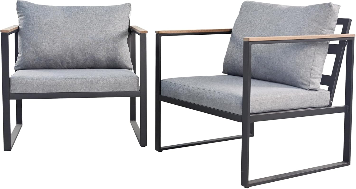 EortheX Outdoor Patio Metal Armchair Sofas,2 PCS All-Weather Iron Frame Furniture Single Sofa with Cushioned Comfort & Faux Wood-Style Arms for Patio and Balcony,Indoor Outdoor Use