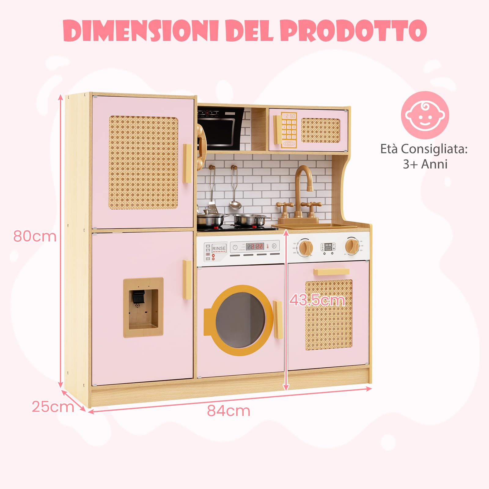 RELAX4LIFE Cucina Giocattolo per Bambini, Effetti Sonori e Luminosi, Gioco Cucina in Legno con Frigo, Microonde, Forno, Lavatrice, Mini Cucina per Bambini 3-6 Anni (Rosa)