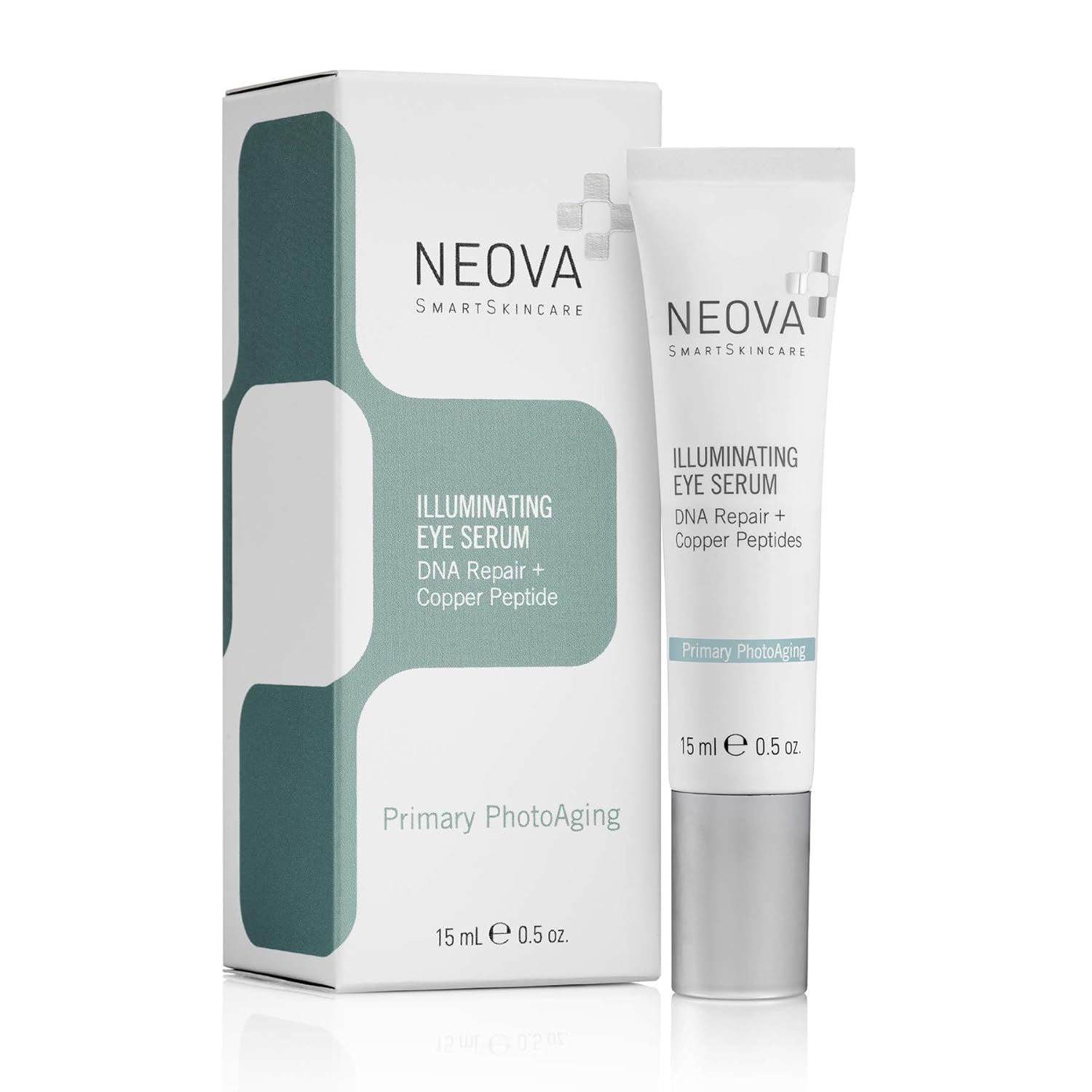 NEOVA SmartSkincare Illuminating Eye Serum with DNA Repair Enzymes and Copper Peptide provides an instant wrinkle-masking effect.