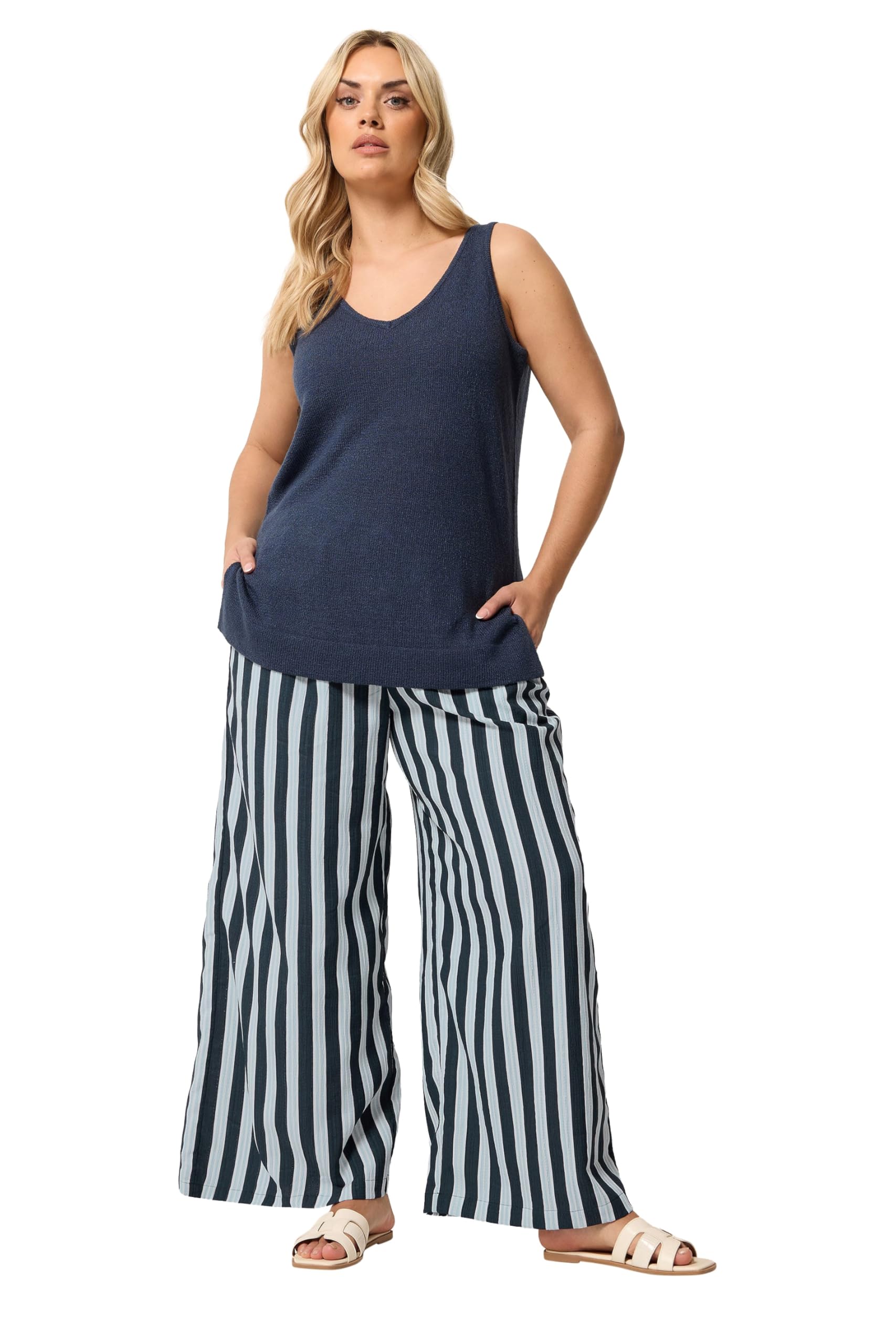 Yours Curve Navy Stripe Trousers - Women's - Plus Size Curve