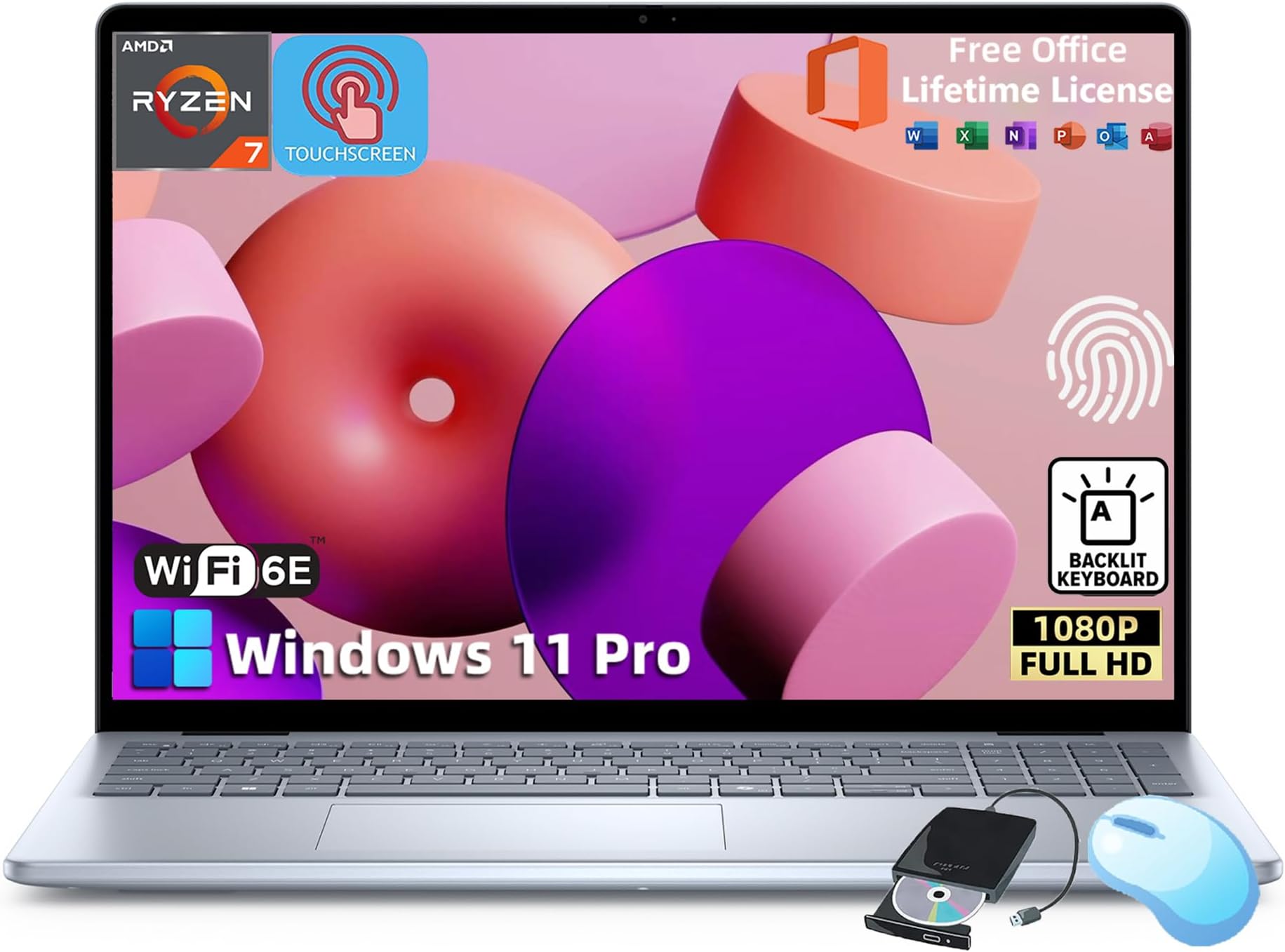 Dell Inspiron-16 Touchscreen Business Laptop - w/Office Lifetime • 16-inch FHD+ Display • AMD Ryzen 7-8840U • Backlit KB • Fingerprint • Win 11 Pro & External DVD Drive (64GB DDR5 RAM | 2TB SSD)