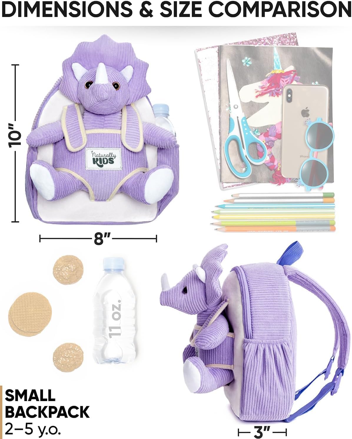 Naturally KIDS Purple Dinosaur Toys for Girls, Triceratops Toy, Dinosaur Gifts for 2 3 Year Old Girls, Toddler Backpack