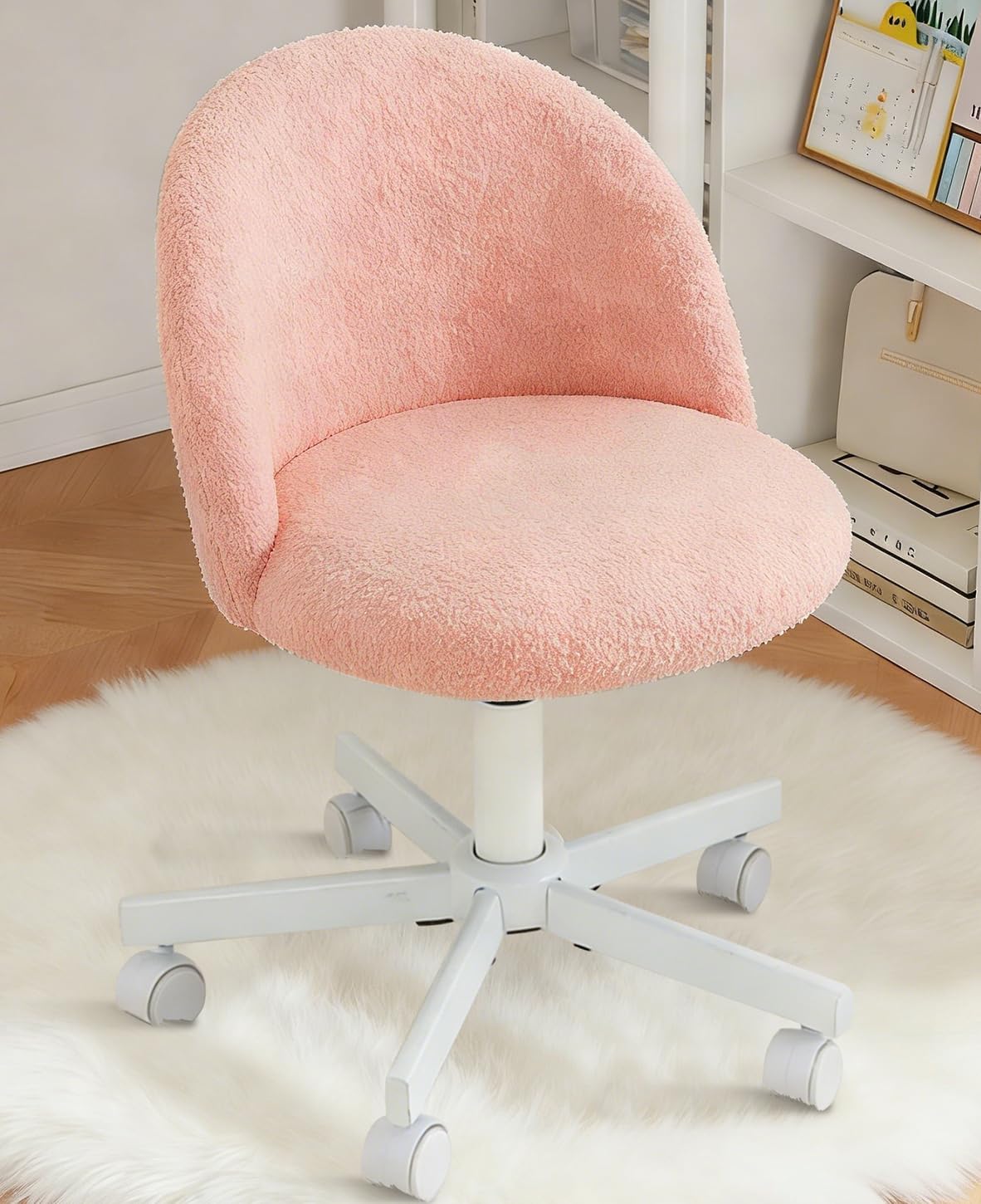 WAYTRIM Pink Vanity Chair with Wheels - Swivel Makeup Chair Small Computer Chair with Back Adjustable Height Desk Chair for Girl & Woman, Cozy Fuzzy Velvet Chair for Bedroom & Home Office